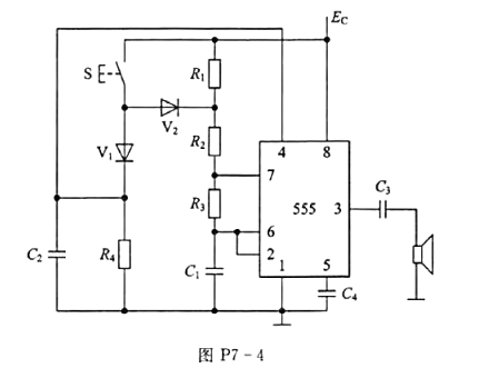 定时器构成发出叮一咚声响的门铃电路如图p7-4所示,试分析其工作原理
