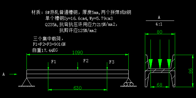 如图所示,卧趴放置的两个热轧普通8#槽钢拼焊成h型钢,加载三个9kn的