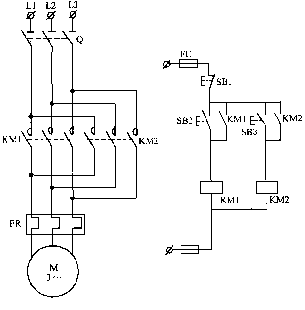 请分析下图所示的三相笼式异步电动机的正反转控制电路:（1)指出下面的电路中各电器元件的作用;（请分析