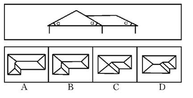 下图中,下部为同一周边界,不同尺寸的同坡屋顶不同形式的水平投影