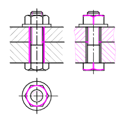 补画螺栓连接图中所缺少的图线.