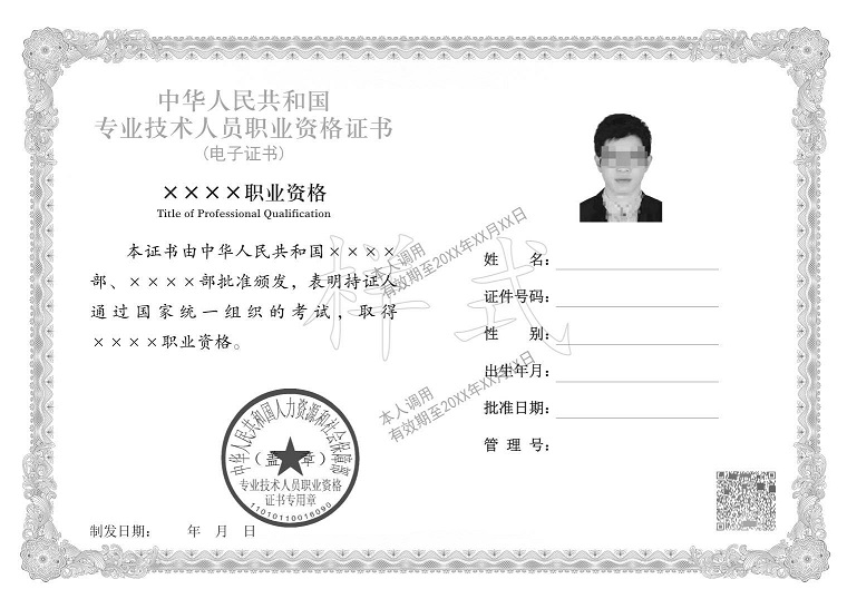 专业技术人员职业资格证书电子证书样本